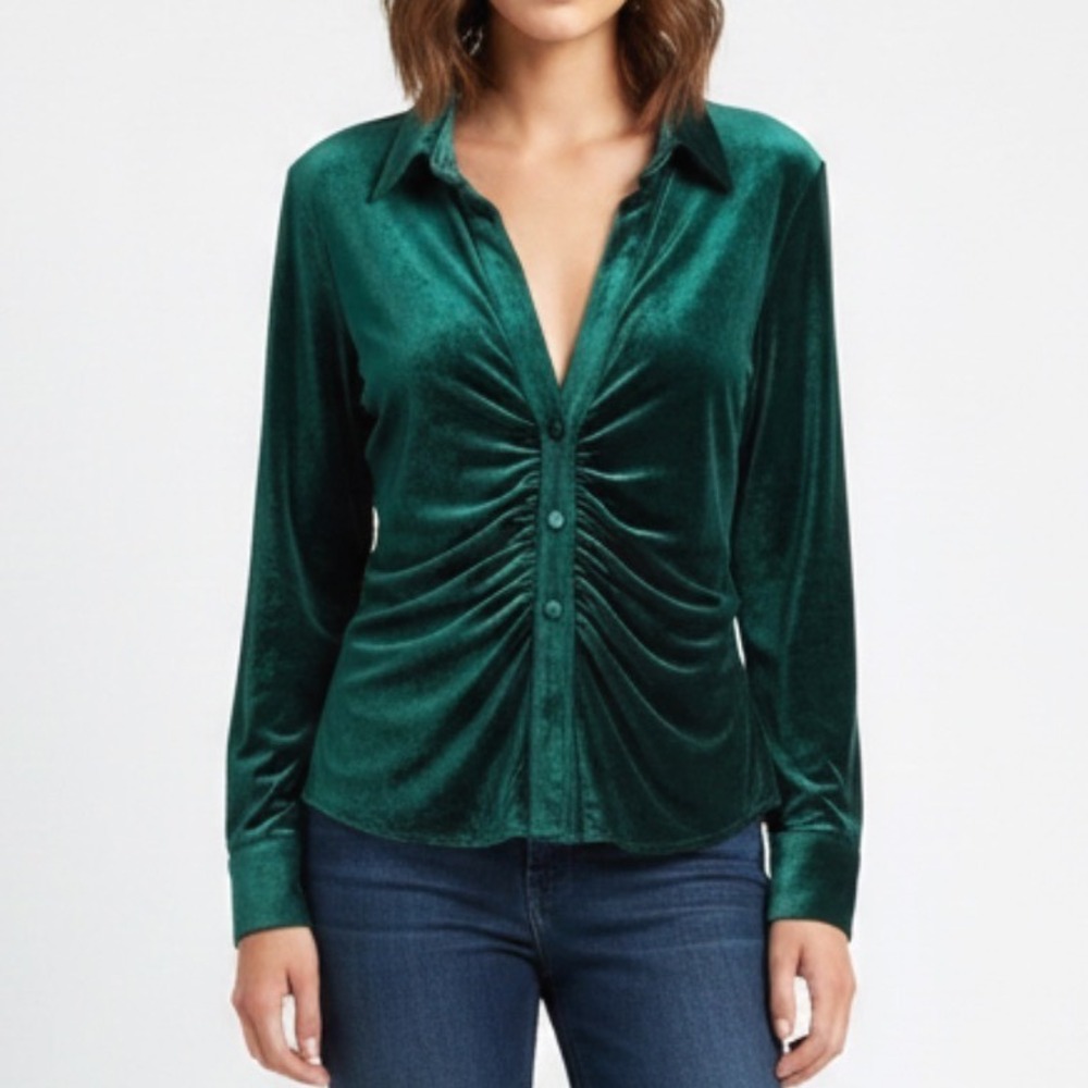THML Dark Emerald Green STRETCH VELVET SNAP-UP TOP Ruched Front Collar V-Neck XS